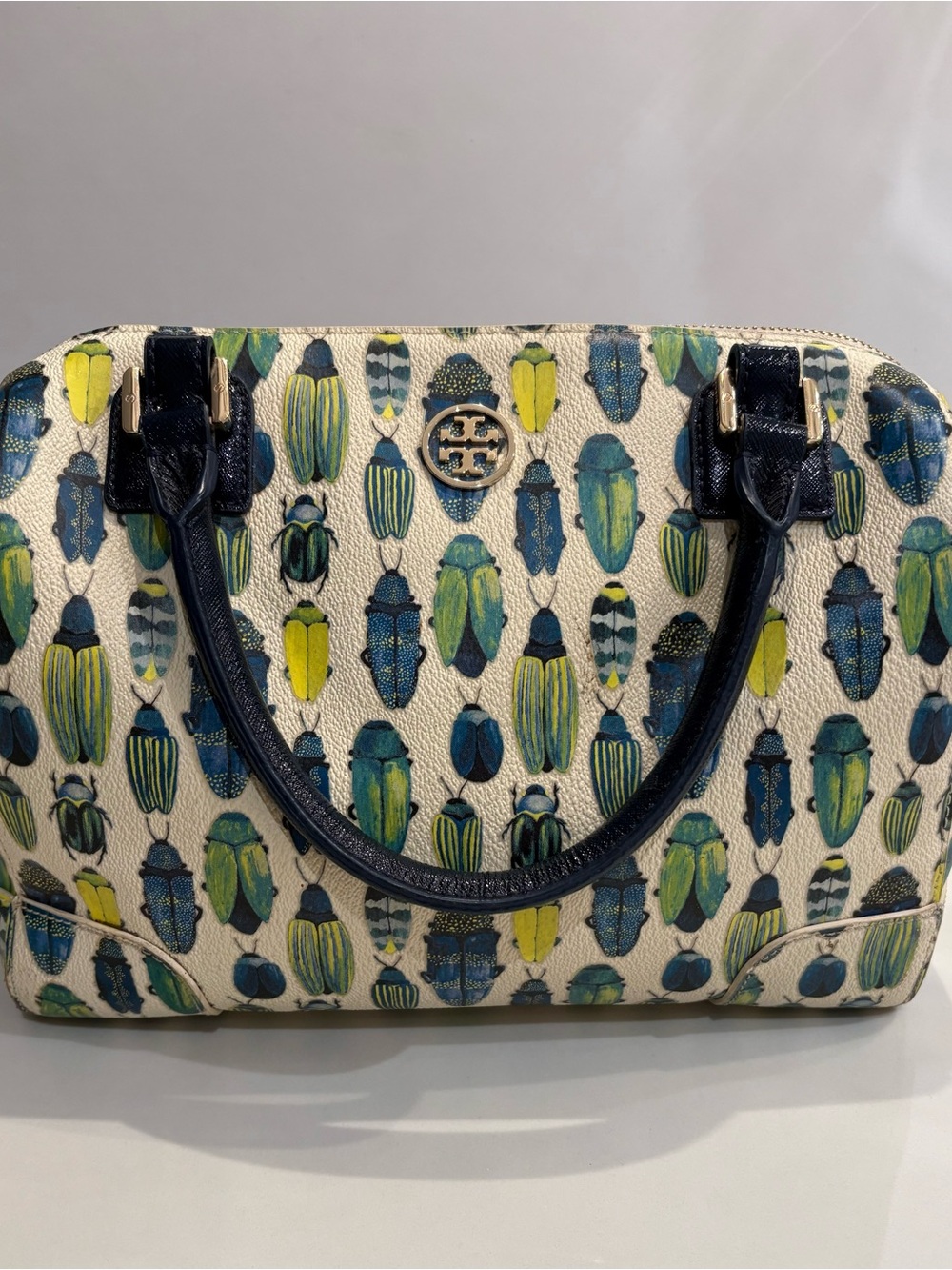 Like-New Tory Burch Whimsical Leather Beetle Print Satchel with Top Handles